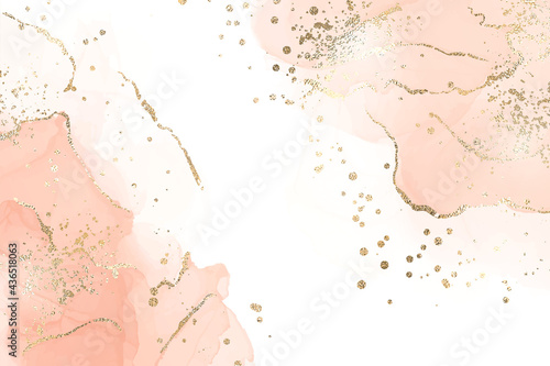 Abstract dusty blush liquid marbled watercolor background with golden cracks and stains. Pastel marble alcohol ink drawing effect with gold metallic foil. Vector illustration for wedding invitation