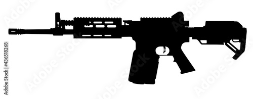 Vector image silhouette of modern military machine gun symbol illustration isolated on white background. Army and police weapons.