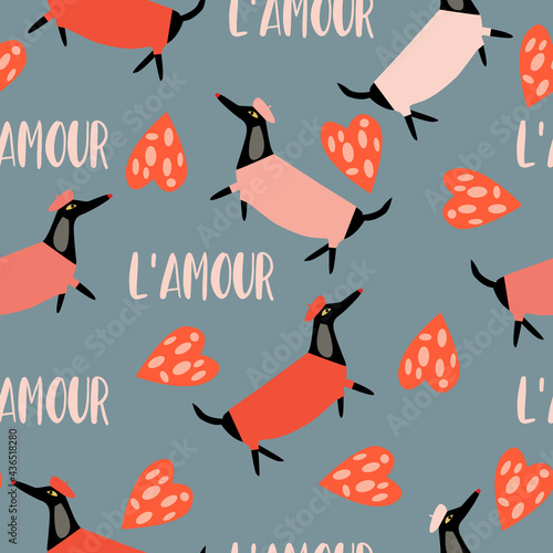 l'amour the word love in french  seamless pattern. Funny dachshund dogs dressed in French style and abstract hearts. Vector illustration 