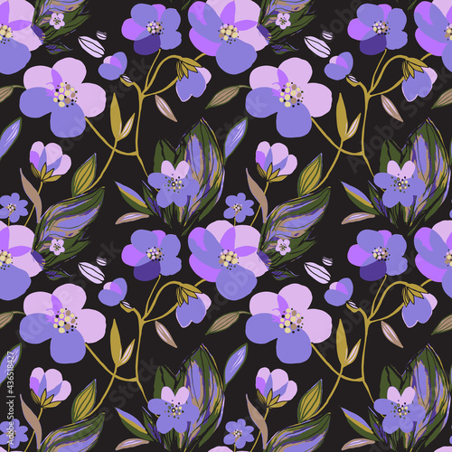 Hand drawn purple blooming flowers seamless pattern. Botanical floral and leaves background. Vector print, texture on ldark background. photo