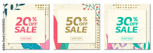 Social media sale post set with floral background. Trendy banner design template with leaves. Modern discount cards with 20, 30, 50 percent price off. Vector illustration.