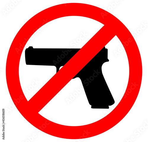 No gun sign, prohibition warning sign, ban. Restricted area, pistol not allowed. Vector image silhouette, illustration isolated on white background.
