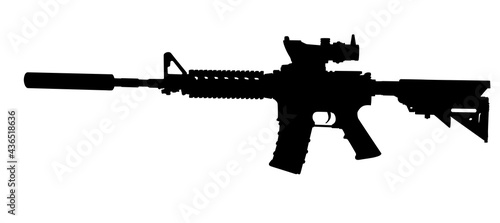 Vector image silhouette of modern military assault rifle symbol illustration isolated on white background. Army and police weapons.