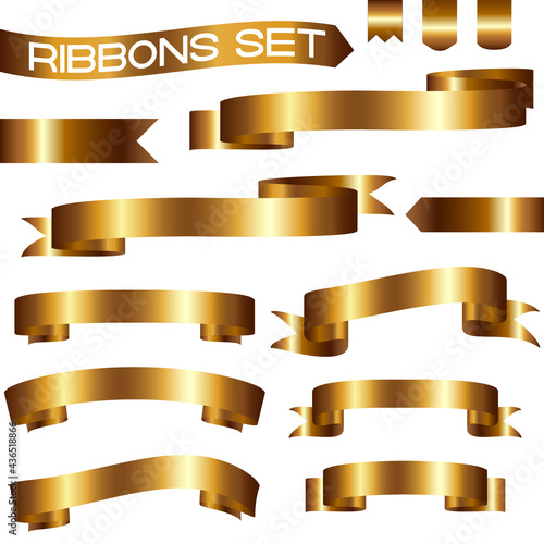 Realistic golden vector set of ribbons in different shapes