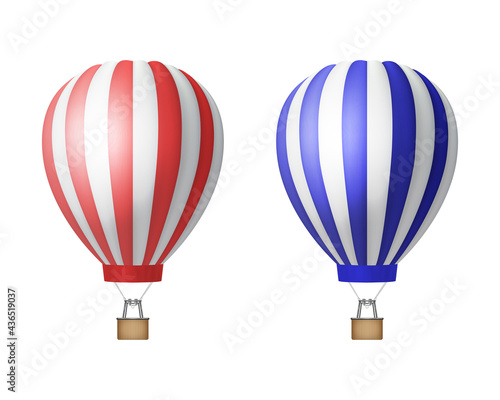 Vector 3d Realistic Striped Red and Blue Hot Air Balloon Icon Set Isolated on White Background. Design Template for Mockup, Branding. Front View