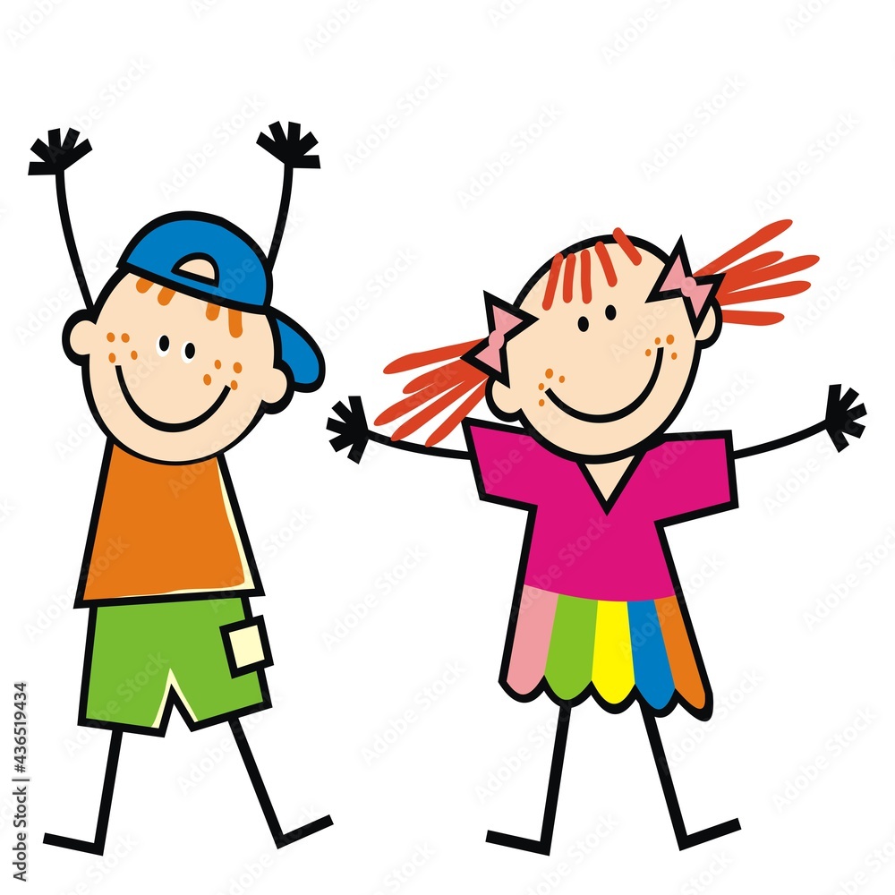 Fototapeta Two happy children, little girl and boy, funny vector illustration