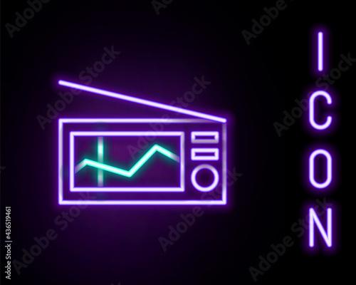 Glowing neon line Radio with antenna icon isolated on black background. Colorful outline concept. Vector