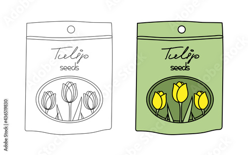 Small paper bag with tulip flower seeds in a flat graphic outline style. Linear and color illustration of a package with plant seeds for gardening. Isolated vector object for website, printed products