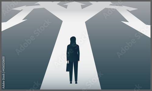 vector illustration of business woman sees arrows pointing in many directions. Vector illustration of a business concept