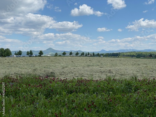 In der Nähe des Schlosses Filseck in Uhingen ist eine frisch gemähte Wiese. Im Hintergrund sind Zeugenberge der Schwäbischen Alb zu sehen. photo
