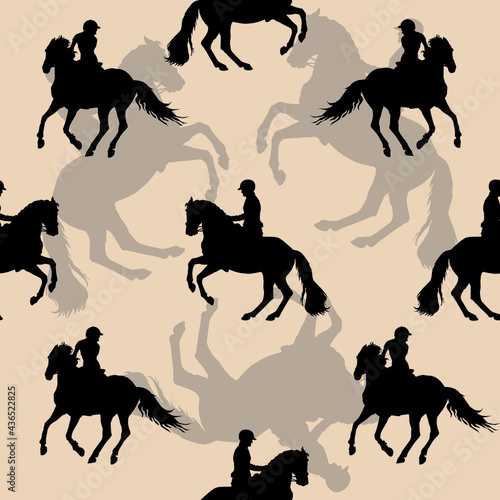 seamless sports background, equestrian sports, silhouettes of riders on colored background