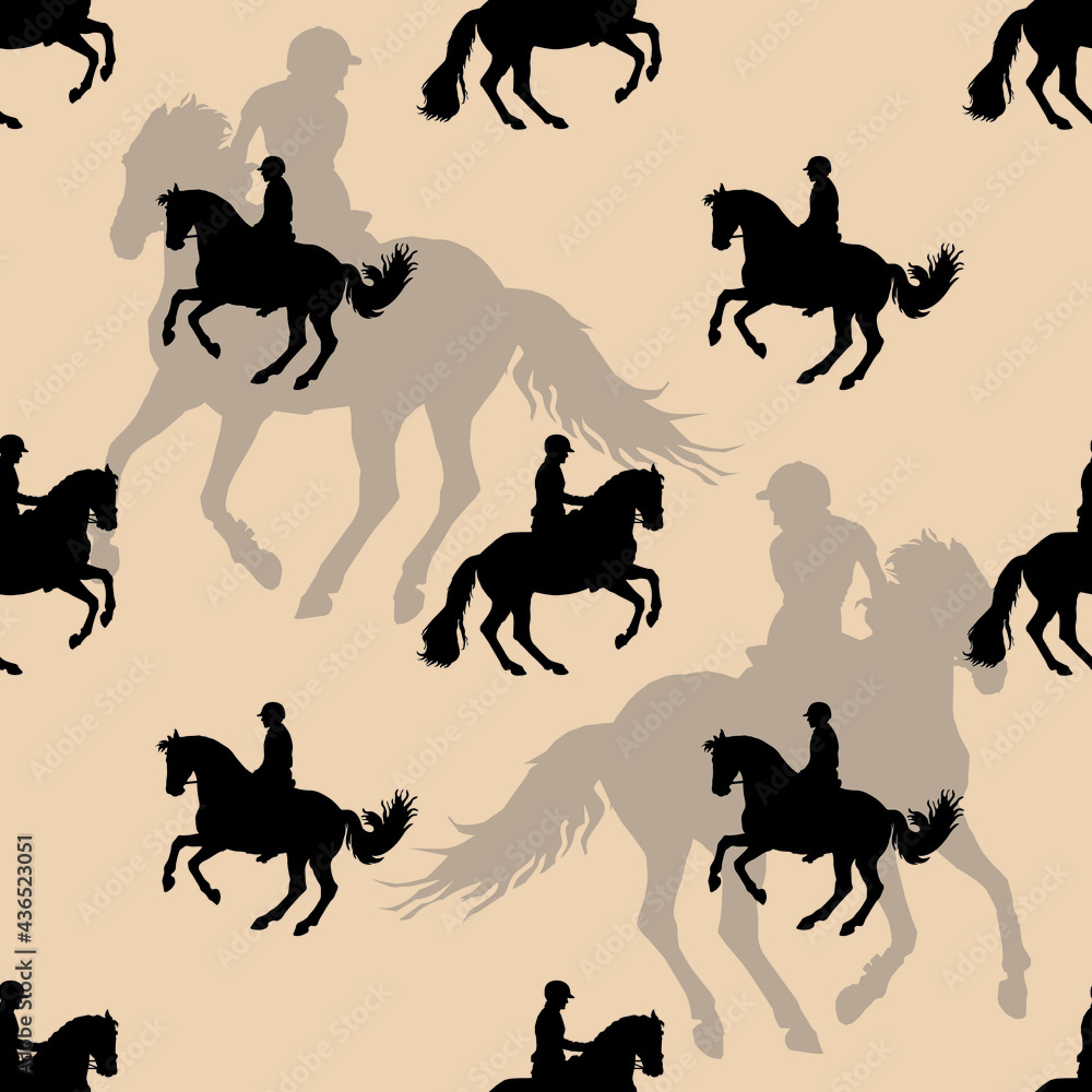 seamless sports background, equestrian sports, silhouettes of riders on colored background