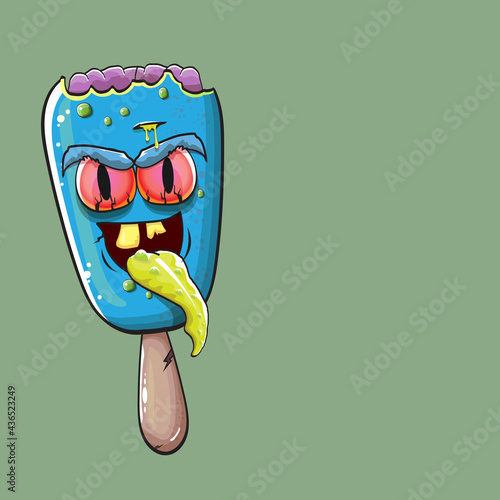 Vector Zombie ice cream with brain and red eyes isolated on green background. Halloween blue monster ice cream zombie character.