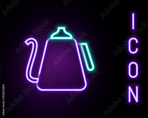 Glowing neon line Kettle with handle icon isolated on black background. Teapot icon. Colorful outline concept. Vector