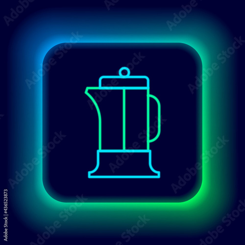 Glowing neon line French press icon isolated on black background. Colorful outline concept. Vector
