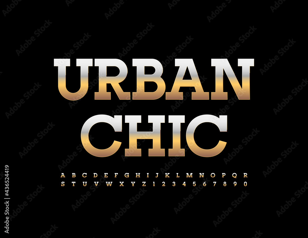 Vector glamour logo Urban Chic. Gold Metallic Font. Elegant style Alphabet Letters and Numbers set