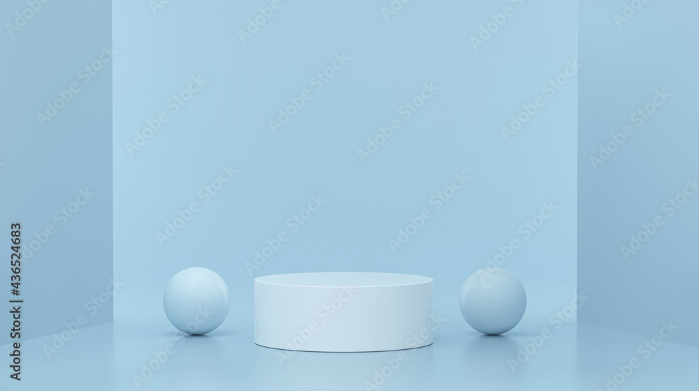 Mockup podium and bubbles for product display on blue studio background.