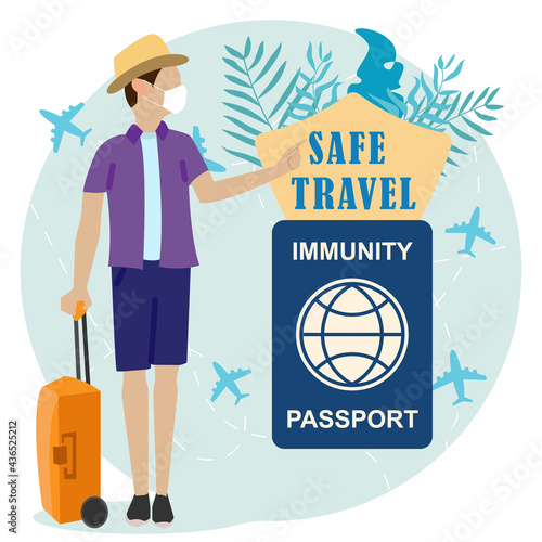 Traveller with negative PCR test for coronavirus. Tourist with luggage and immunity passport. Stamp- accepted on paper. New normal for trips, communication. Covid-19 prevention. Vector illustration