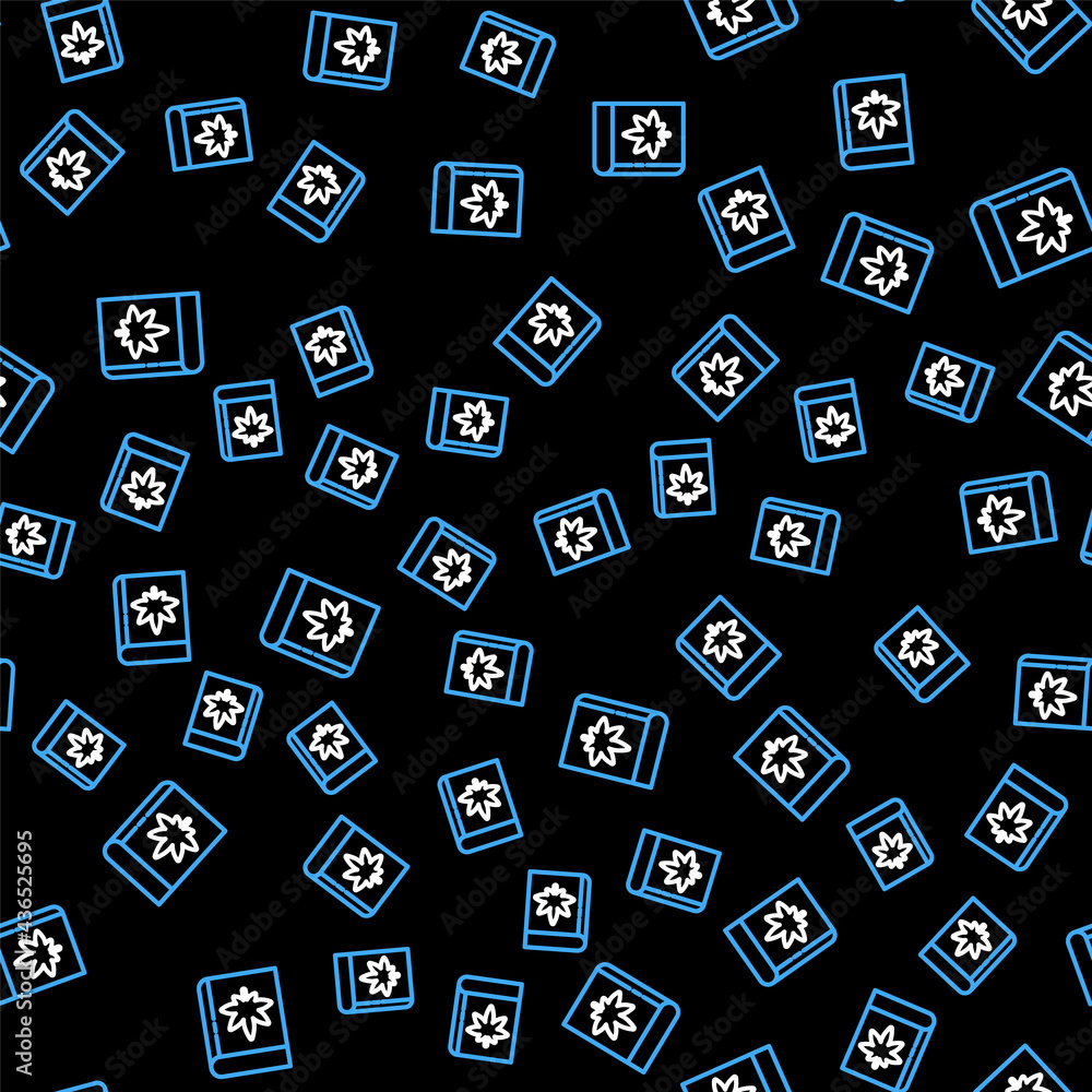 Line Book and marijuana or cannabis leaf icon isolated seamless pattern on black background. Hemp symbol. Vector Line Book and marijuana or cannabis leaf icon isolated seamless pattern on black background. Hemp symbol. Vector