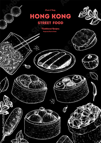 Hong kong street food frame. Chinese food menu design template. Engraved style illustration. Asian street food sketch. Vintage hand drawn sketch, vector illustration.