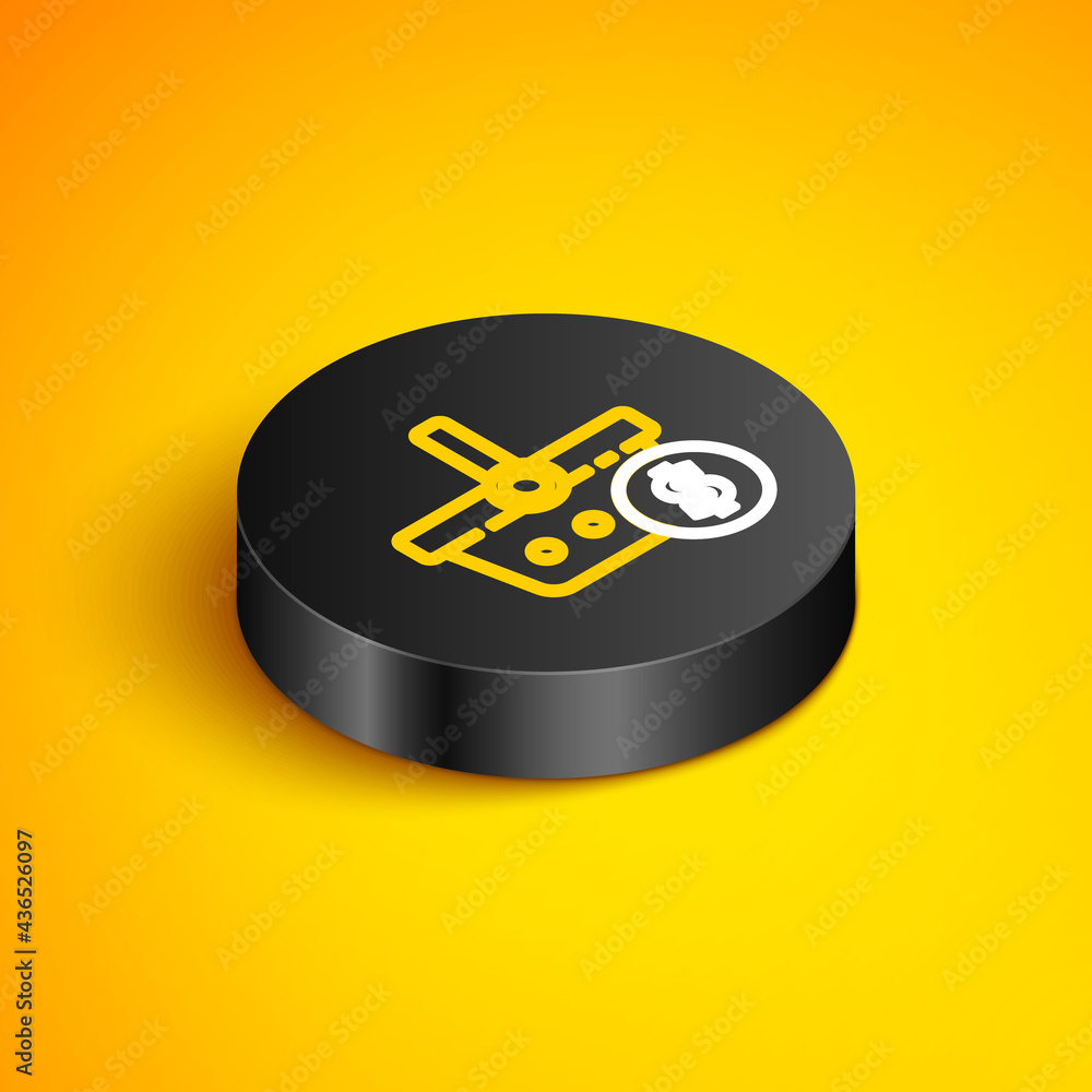 Isometric line Shopping basket and dollar symbol icon isolated on yellow background. Online buying concept. Delivery service. Shopping cart. Black circle button. Vector Isometric line Shopping basket and dollar symbol icon isolated on yellow background. Online buying concept. Delivery service. Shopping cart. Black circle button. Vector
