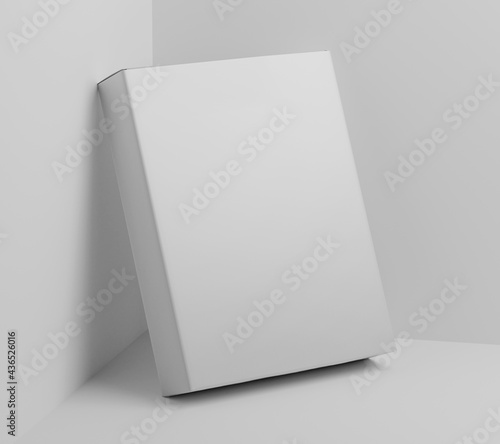 Blank white software box Mockup, medium size Cardboard package box, 3d rendering isolated on light gray background, ready for your design