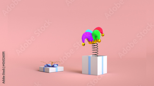 Gift box funny jester hat spring pastel mode for party celebrate theme with 3d rendering. © FullFrames