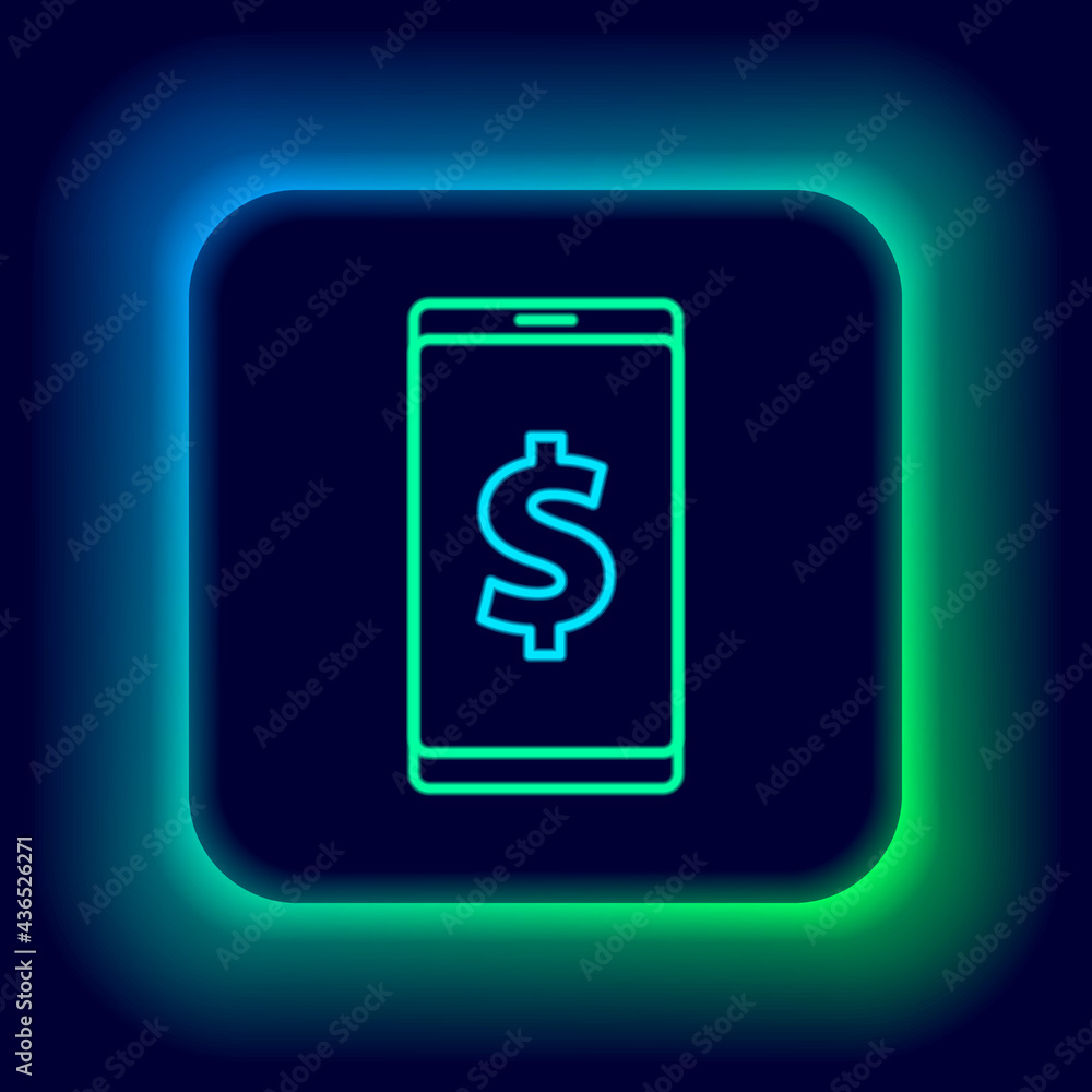 Glowing neon line Smartphone with dollar symbol icon isolated on black background. Online shopping concept. Financial mobile phone. Online payment. Colorful outline concept. Vector Glowing neon line Smartphone with dollar symbol icon isolated on black background. Online shopping concept. Financial mobile phone. Online payment. Colorful outline concept. Vector