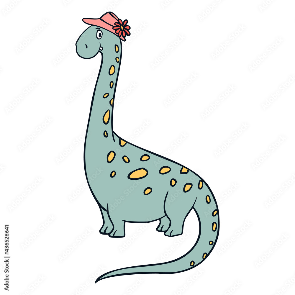 Naklejka premium Funny Dinosaur Character for kids fashion or children's room design. Cute Hand drawn Mascot for Toddler Boy activities. Kids Clipart. 