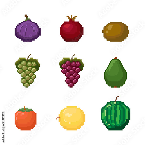 Pixel fruits and berries vector set. Pixel art collection.