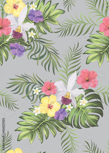 Tropical vector summer pattern. Jungle print with hibiscus flowers and palm leaves.