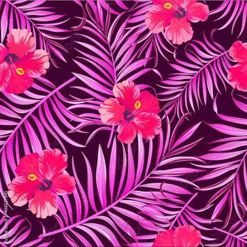 Tropical vector summer pattern. Jungle print with hibiscus flowers and palm leaves.
