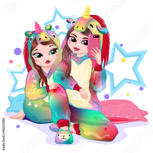 Teenage friends in kigurumi pajamas take selfies on the phone camera. Happy young girls in a unicorn costume pose for a group selfie. The concept of female friendship. Vector illustration in cartoon 