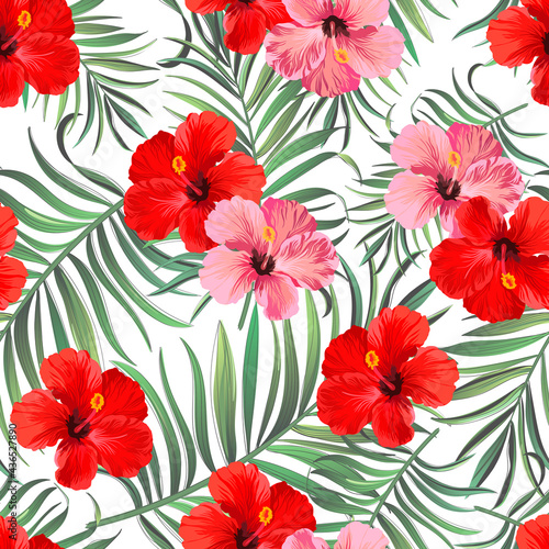 Fototapeta Naklejka Na Ścianę i Meble -  Tropical vector summer pattern. Jungle print with hibiscus flowers and palm leaves.