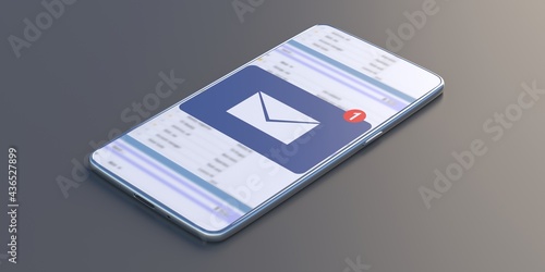 New mail on mobile screen isolated on grey background. 3d illustration