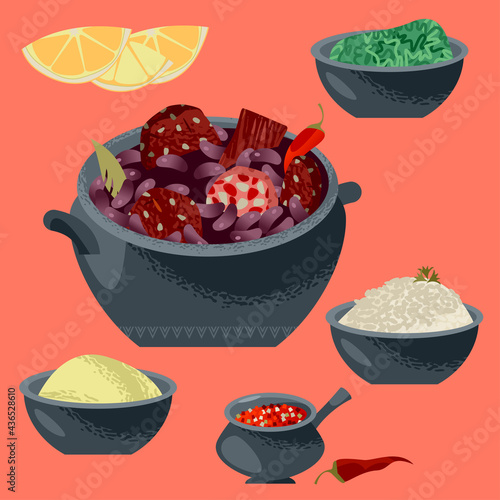 Feijoada (stew of beans with beef and pork). National dish in Portugal, Brazil. Feijoada with traditional side dishes.