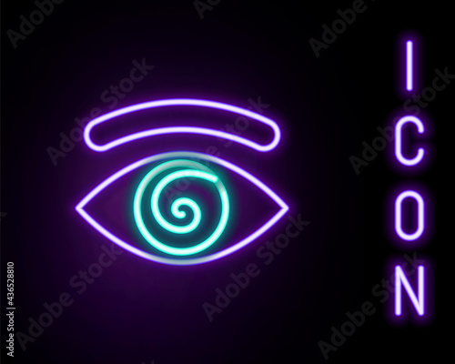 Glowing neon line Hypnosis icon isolated on black background. Human eye with spiral hypnotic iris. Colorful outline concept. Vector