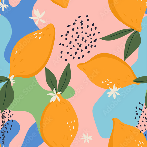 Vector trendy pattern in doodle hand drawn style. Cute lemons on pink background. Seamless summer texture