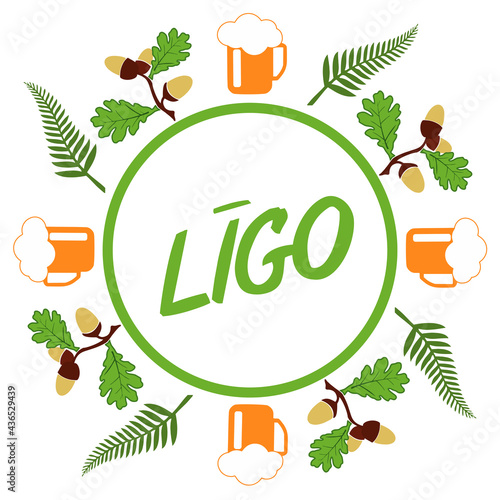 Logo of Latvian national event with traditional symbols and text in Latvian: "Ligo fest". Summer solstice day - Ligo,
 celebrates every summer 23-24 June. 