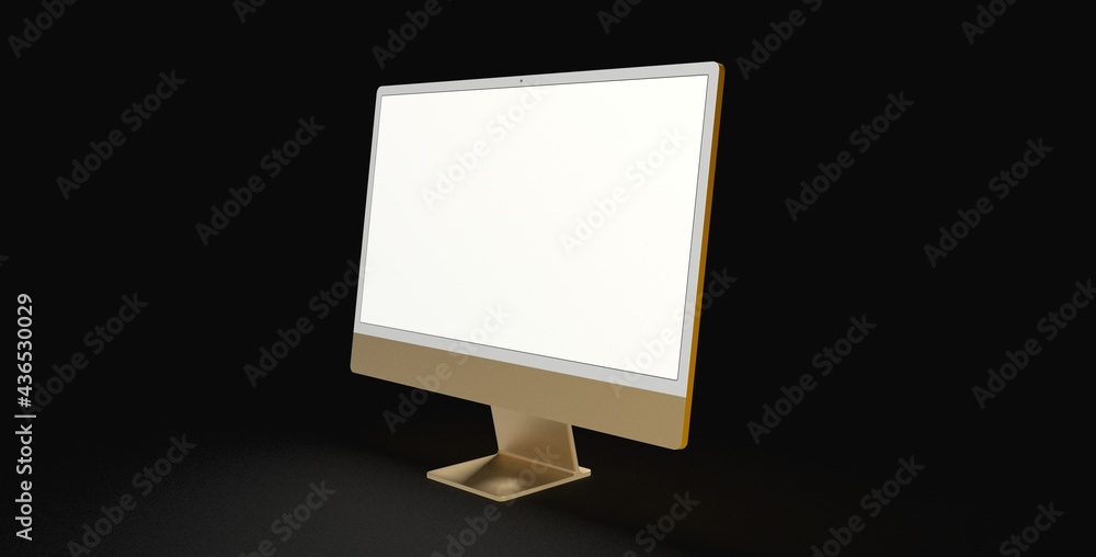 Workspace blank screen desktop computer, Mockup computer gold yellow Workspace blank screen desktop computer, Mockup computer gold yellow