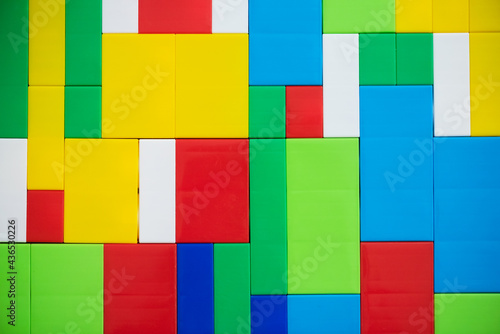 Children building kit abstract flat lay background.