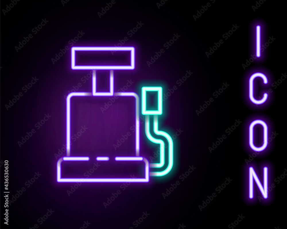 Glowing neon line Car air pump icon isolated on black background. Colorful outline concept. Vector Glowing neon line Car air pump icon isolated on black background. Colorful outline concept. Vector