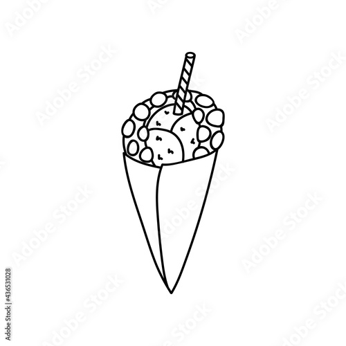 Cute and funny Hong Kong waffle with ice cream. Vector fast food isolated on white background. Stylized doodle illustration with hand drawn outline. For stickers, social media, posters, postcards.