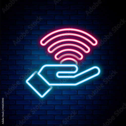 Glowing neon line 5G new wireless internet wifi connection icon isolated on brick wall background. Global network high speed connection data rate technology. Colorful outline concept. Vector