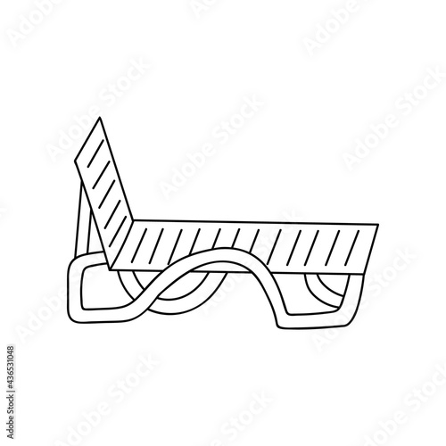 Hand drawn vector doodle beach lounger by the the sea. Horizontal view. Wooden sunbed icon isolated on background. Seaside pool rest chair. Summer holiday vector illustration with hand drawn outline.
