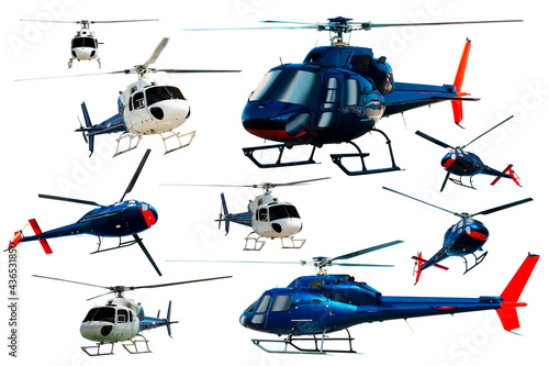Collection of helicopters flying isolated on white background