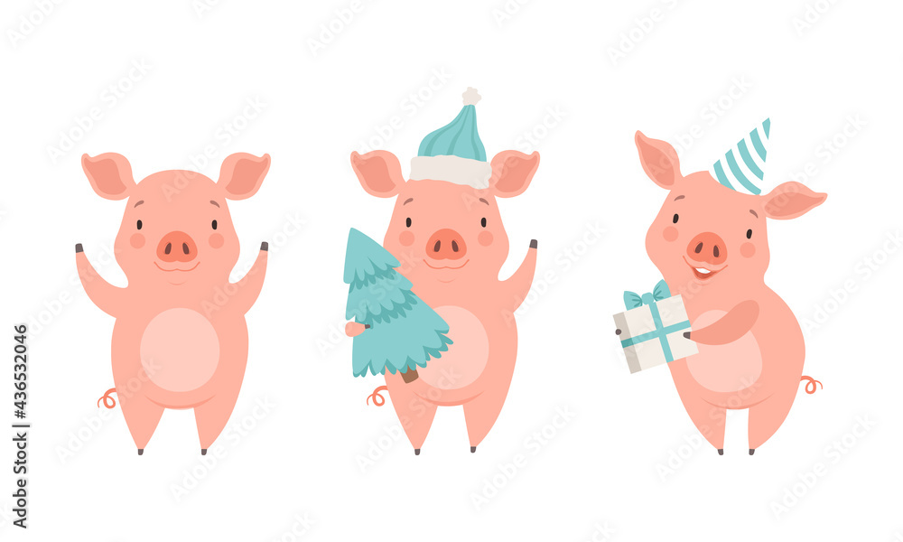 Fototapeta premium Cute Pig Characters Set, Funny Farm Animal Celebrating Holidays Cartoon Vector Illustration