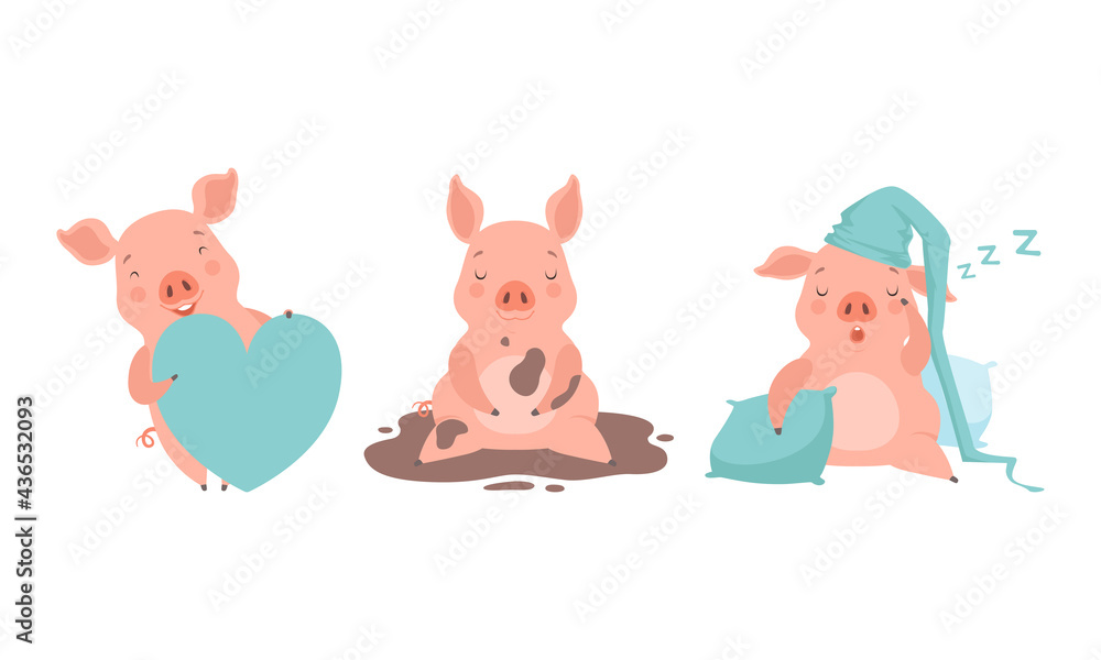 Cute Pig Characters Set, Funny Farm Animal Activity Cartoon, Lovely Piglet Playing and Sleeping Vector Illustration Cute Pig Characters Set, Funny Farm Animal Activity Cartoon, Lovely Piglet Playing and Sleeping Vector Illustration
