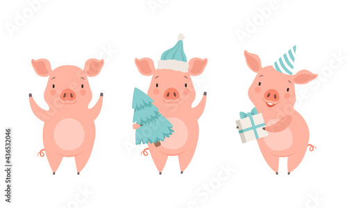 Cute Pig Characters Set, Funny Farm Animal Celebrating Holidays Cartoon Vector Illustration