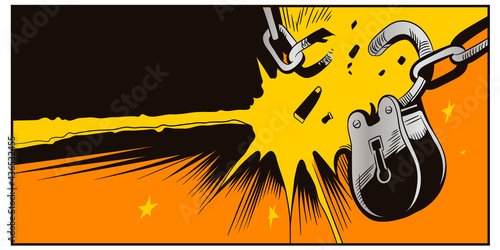 Broken padlock. Liberation symbol. Breaking chains. Stock illustration.